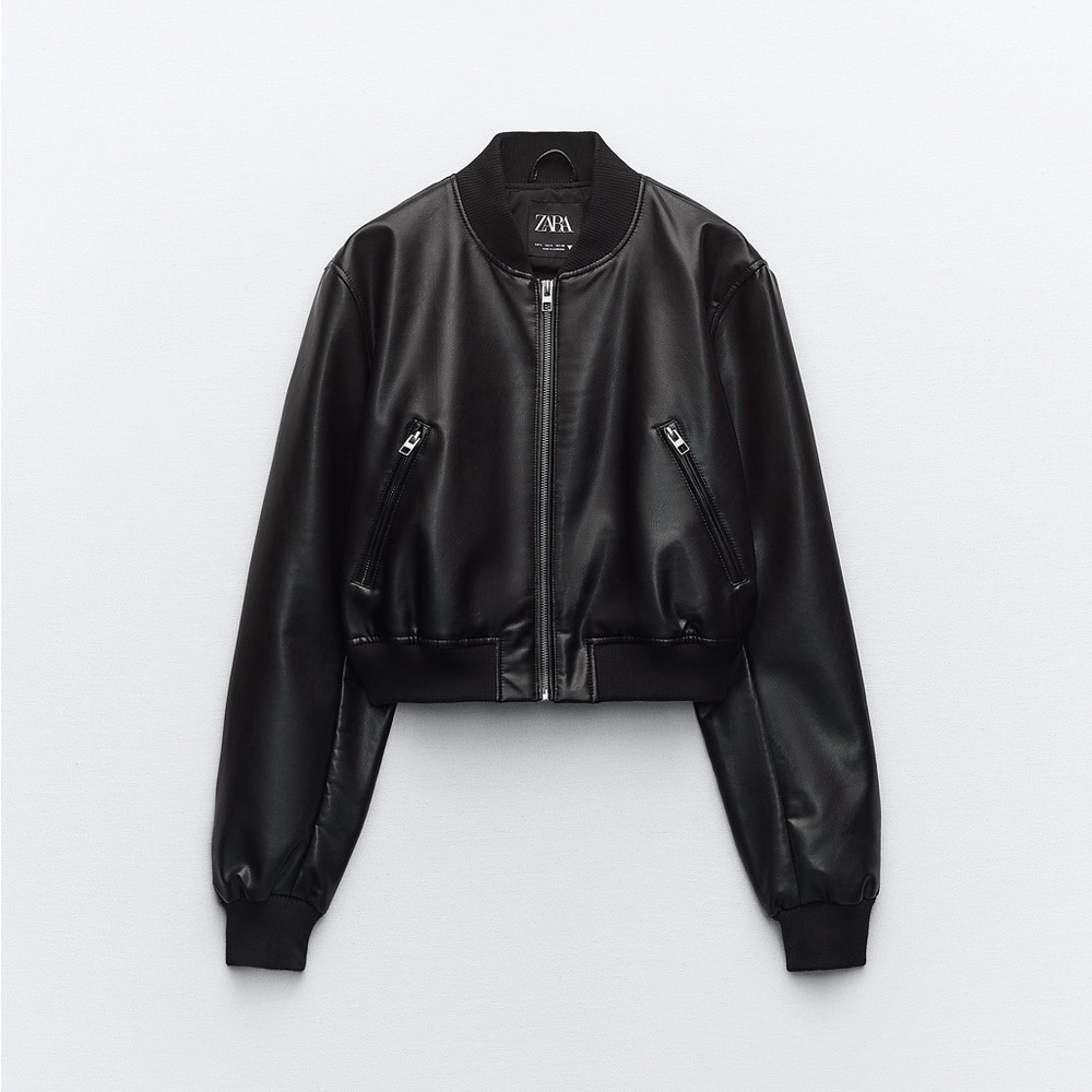 Zara Cropped Leather Bomber BLACK - NWOT Size M